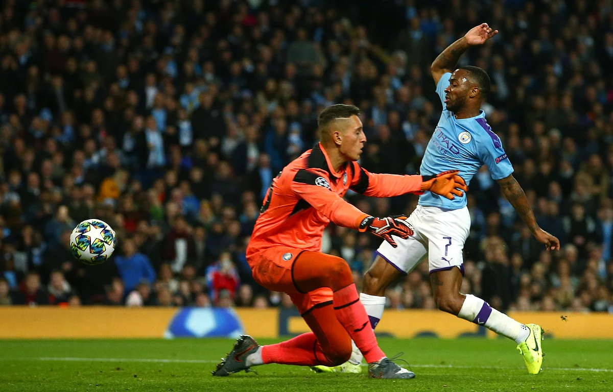 Manchester City’s Raheem Sterling, right, scores his side’s fifth goal, during the group C Champions League soccer match between Manchester City and Atalanta at the Etihad Stadium in Manchester, England, Tuesday, Oct. 22, 2019. 
