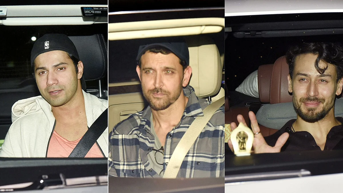 Varun Dhawan, Hrithik Roshan and Tiger Shroff at the special screening of <i>War</i>.