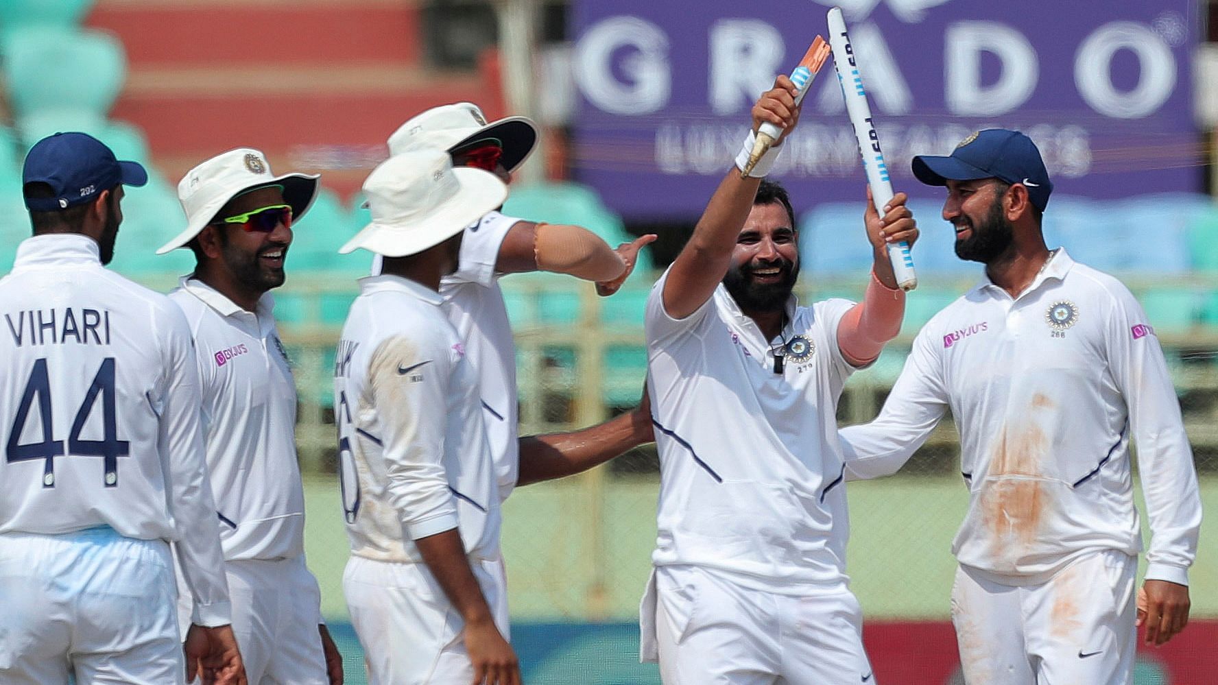Mohammed Shami took 5-35 as India beat South Africa by 203 runs in the first Test on Sunday.