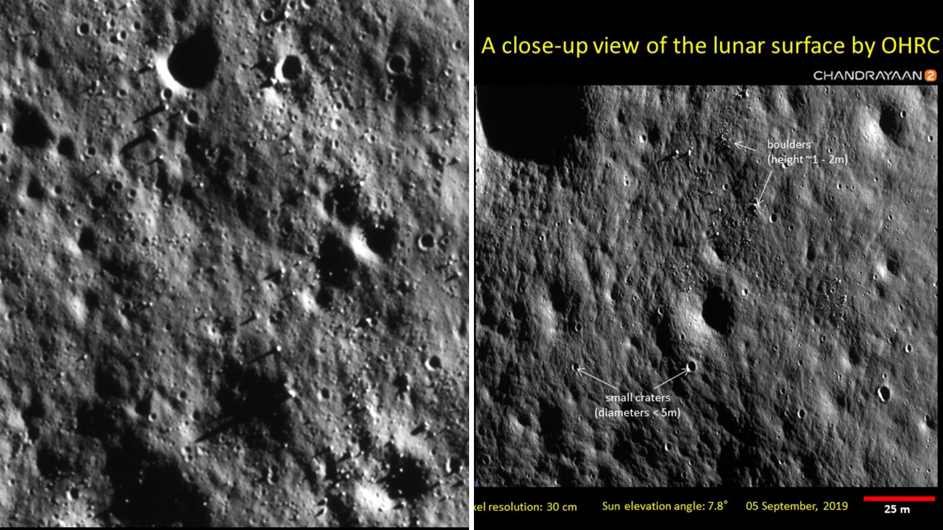 ISRO on Friday, 4 October released new images of the Moon’s surface captured by Chandrayaan-2’s OHRC.