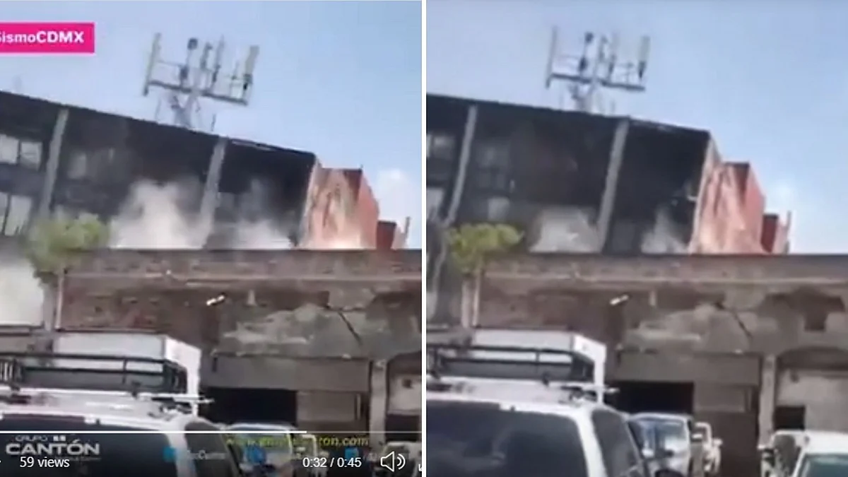 The image on the left shows the building collapsing in the viral video, while the one on the right shows the visuals carried by Heraldo TV. 