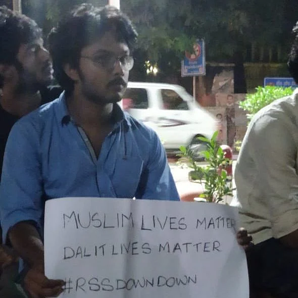 Noel Benny, a student of the Zakir Hussain College participating in protests outside DU’s Arts Faculty.