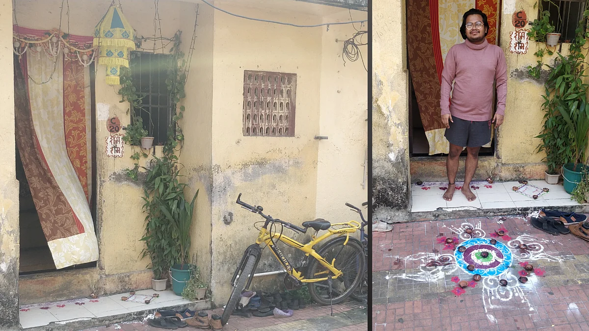 Girish Khandelwal, a resident of the same complex, stands outside his house – the Diwali rangoli still in place and the lights still strung.