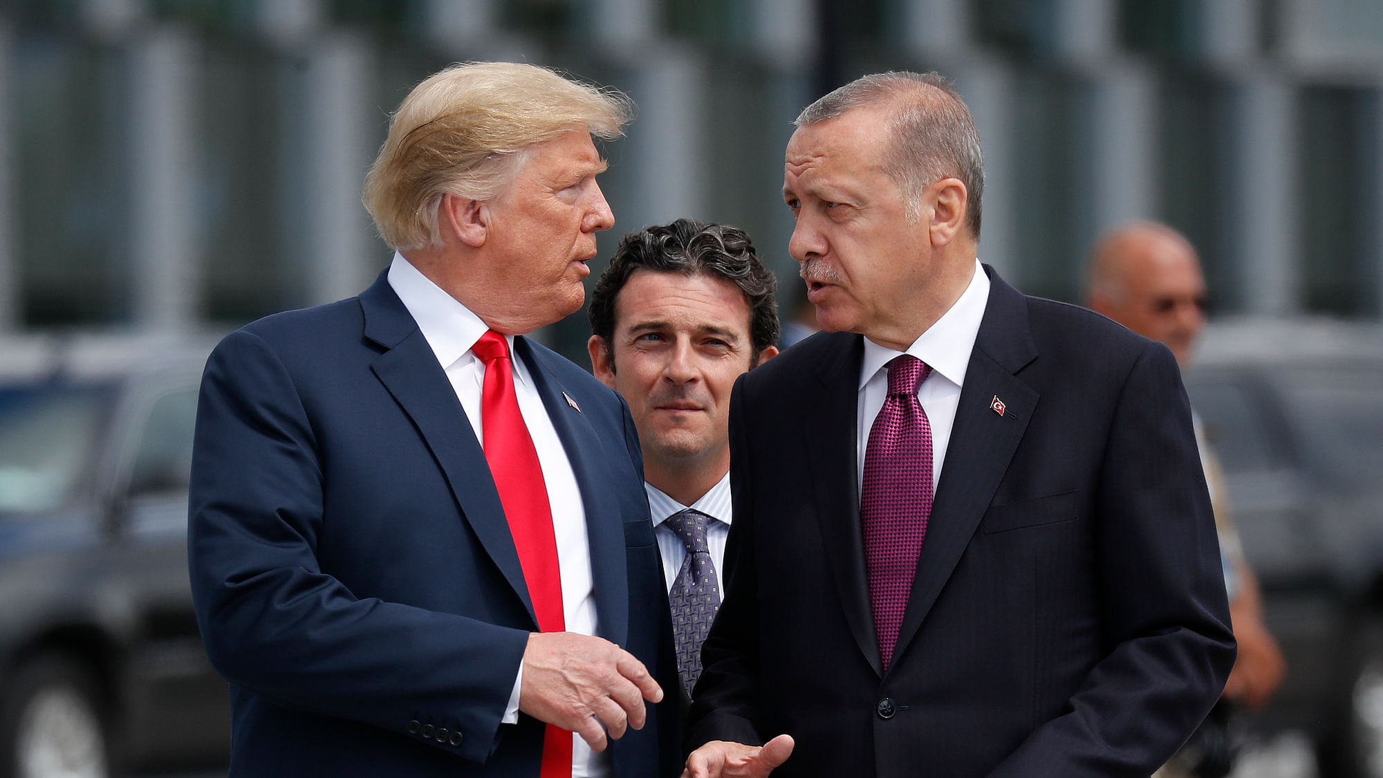 President Donald Trump, left, talks to Turkey’s President Recep Tayyip Erdogan.