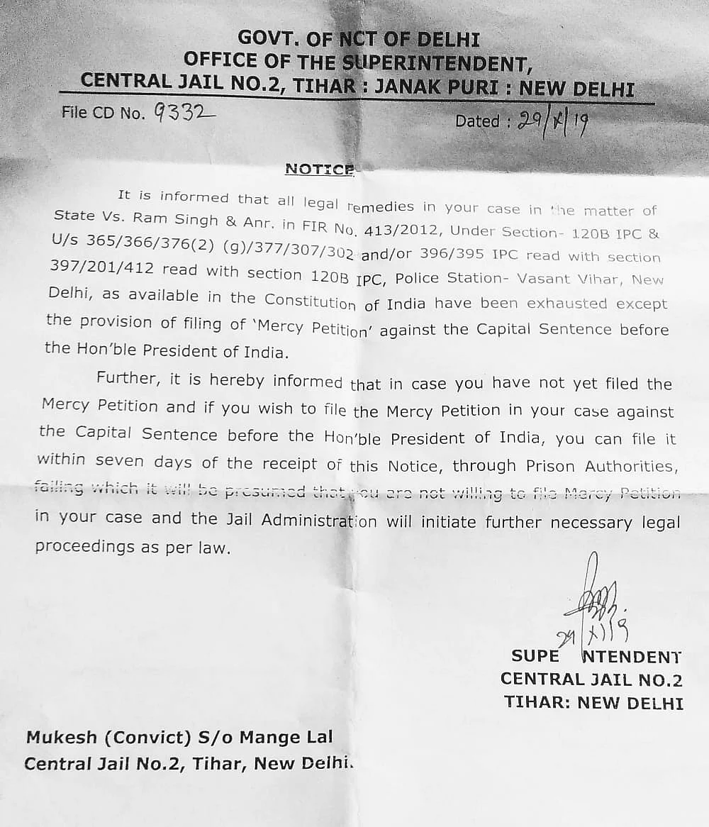 A copy of the notice handed over to the accused of Nirbhaya rape case.