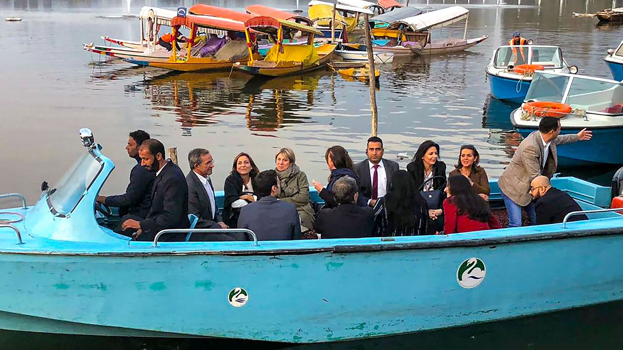 Members of European Union Parliamentary delegation during a Shikara ride at Dal Lake in Srinagar.&nbsp;