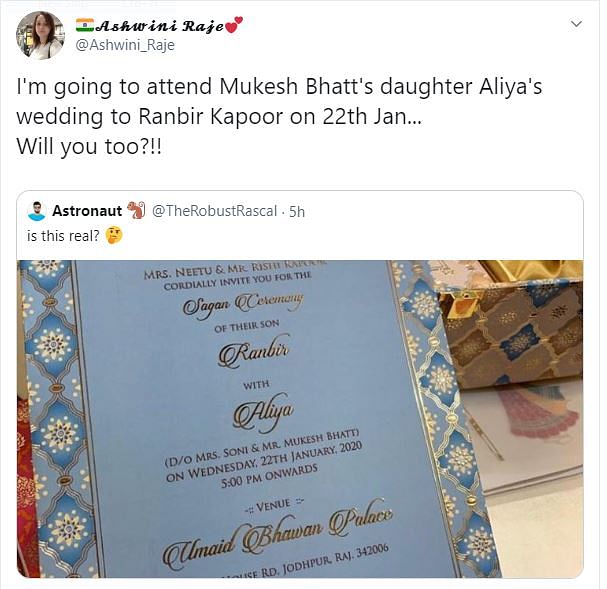 A fake Alia Bhatt and Ranbir Kapoor wedding invitation is doing rounds on the internet. 