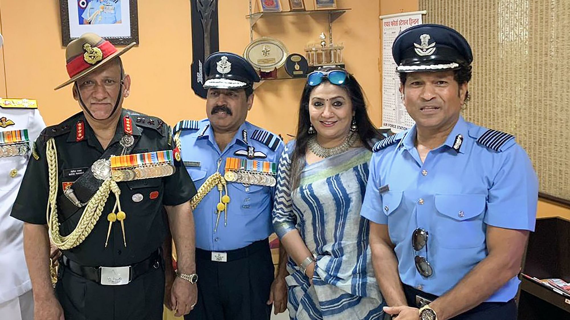  Army Chief Gen Bipin Rawat, IAF Chief Air Chief Marshal Rakesh Kumar Singh Bhadauria, his wife Asha and cricket legend and honorary Group Captain Sachin Tendulkar after the 87th Indian Air Force Day Parade.