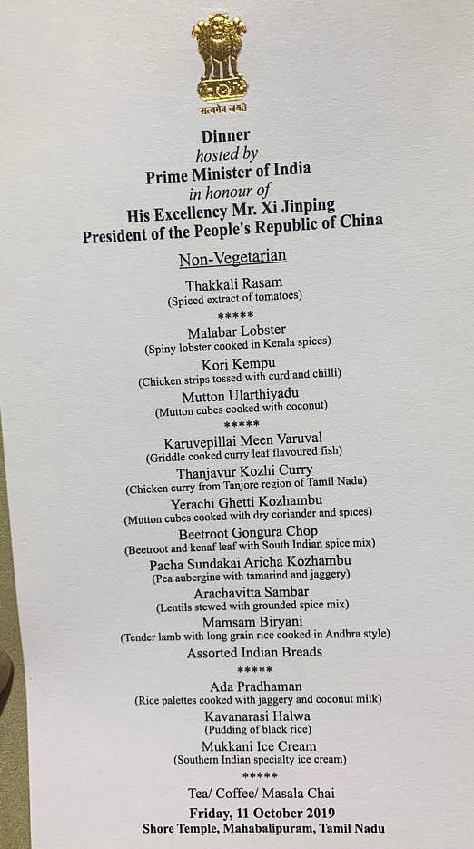 The menu for the dinner hosted by Modi for Chinese President Xi Jinping was  a variety of South Indian dishes. 