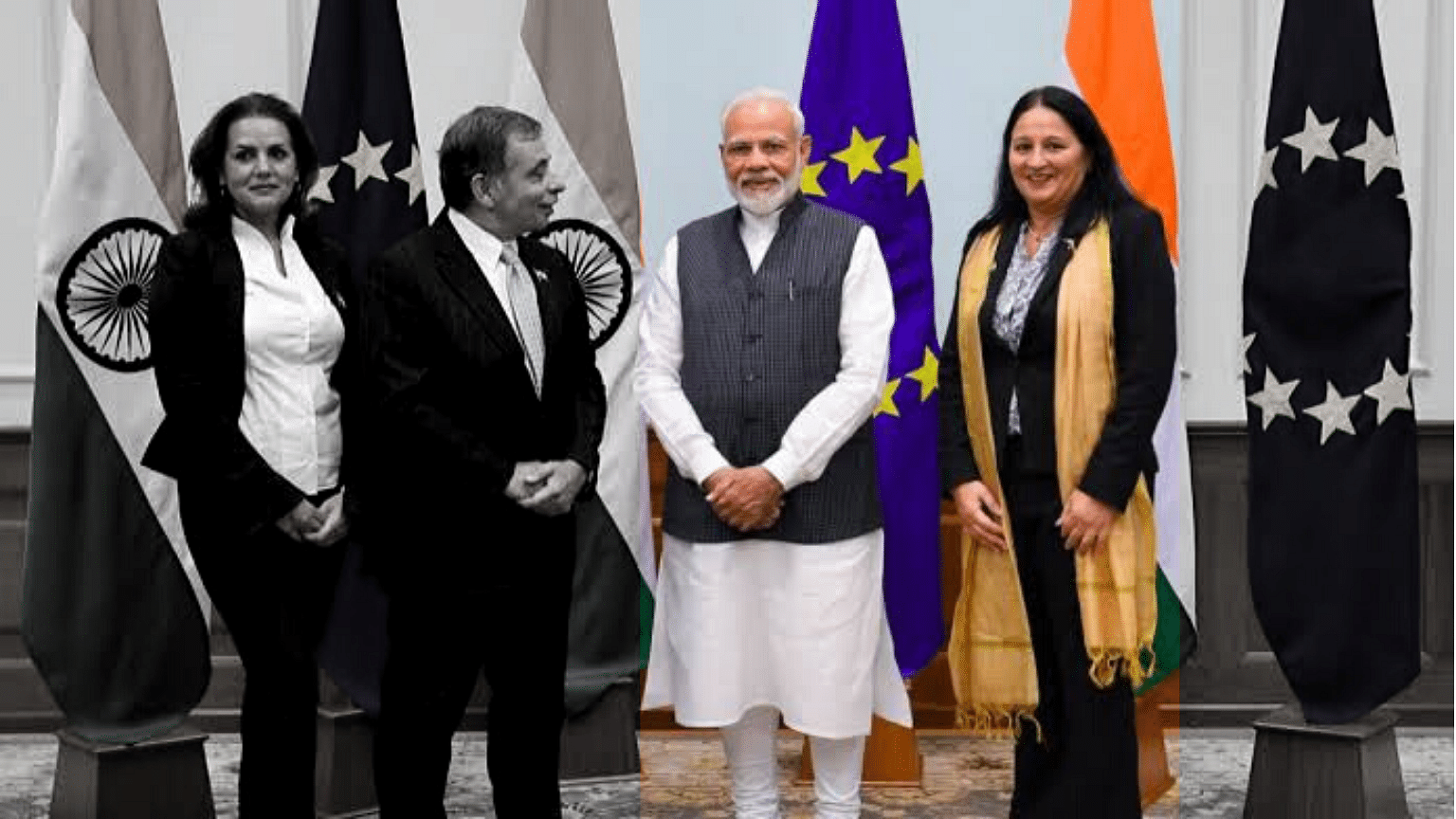 Madi Sharma stands to the left of the prime minister for a photograph clicked during his meeting with members of the European Parliament.