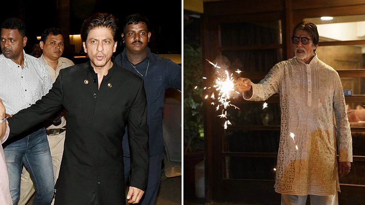 Shah Rukh Khan at the Bachchan party (L); Amitabh Bachchan celebrating Diwali (R)