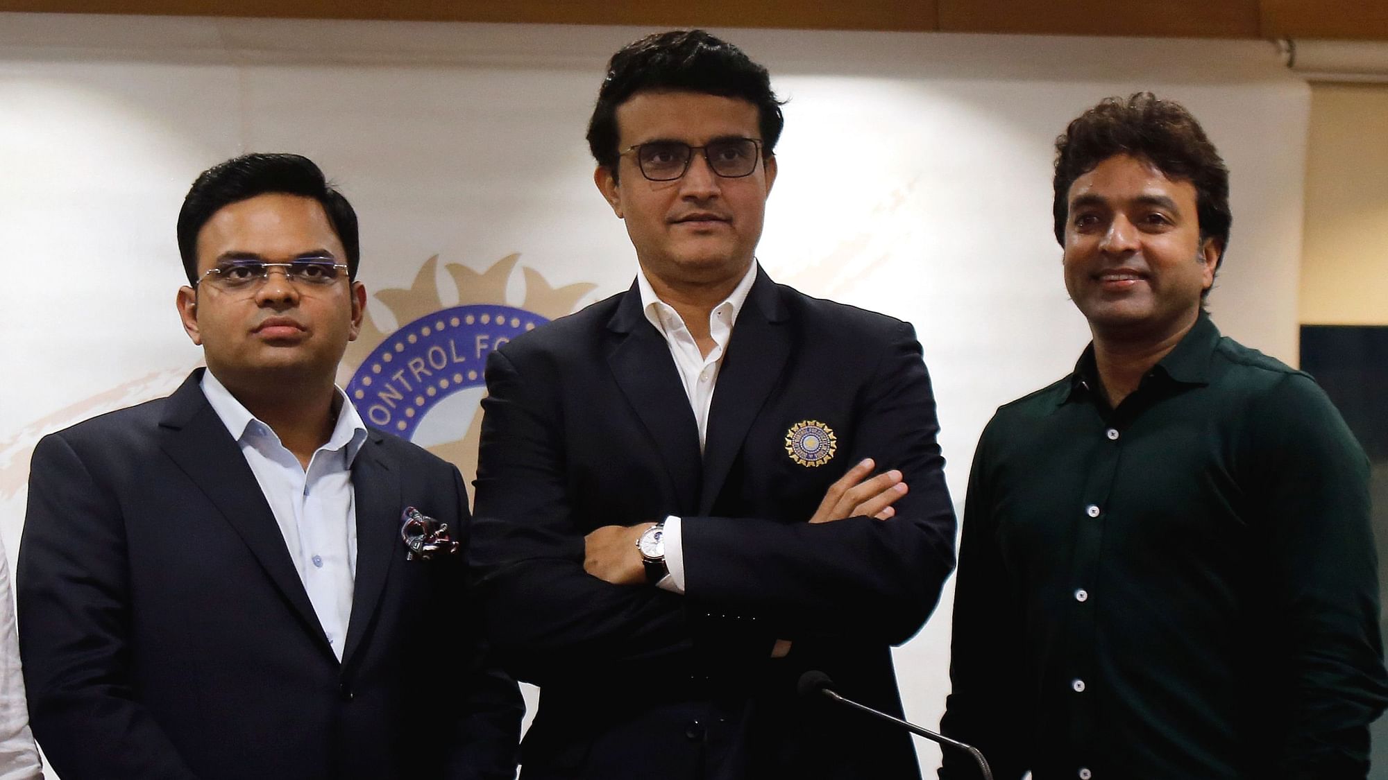 President of the Board of Control for Cricket in India (BCCI) Sourav Ganguly, center, Secretary Jay Shah, left, and Treasurer Arun Dhumal.