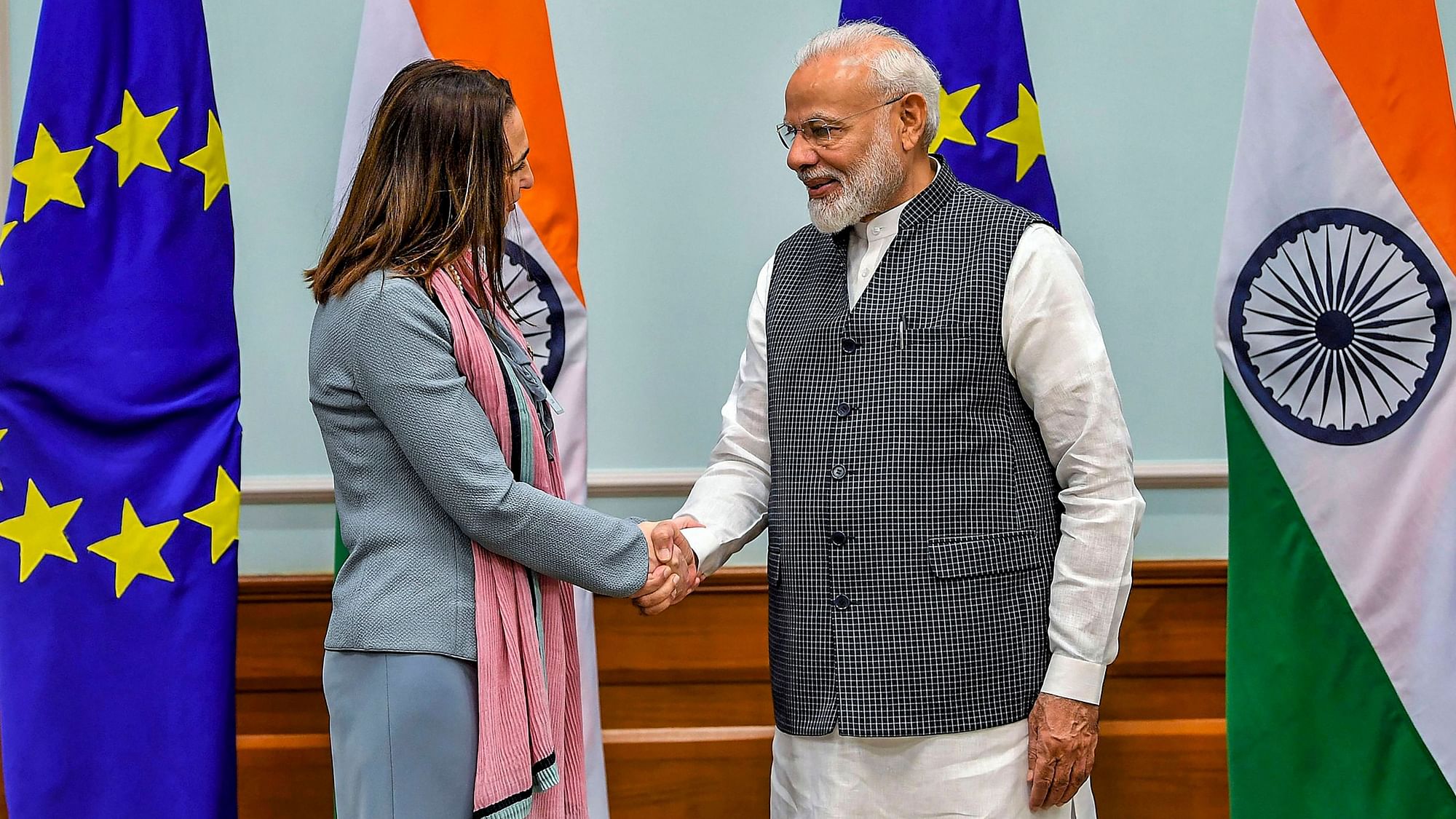 Prime Minister Narendra Modi shakes hands with a member of European Parliament on 28 October 2019.