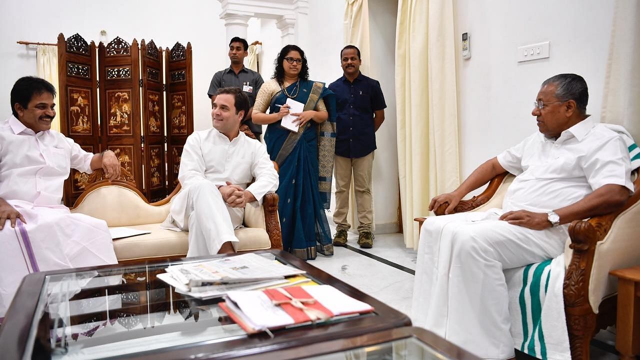 Congress leader and Wayanad MP Rahul Gandhi (center) met Kerala Chief Minister Pinarayi Vijayan (right)