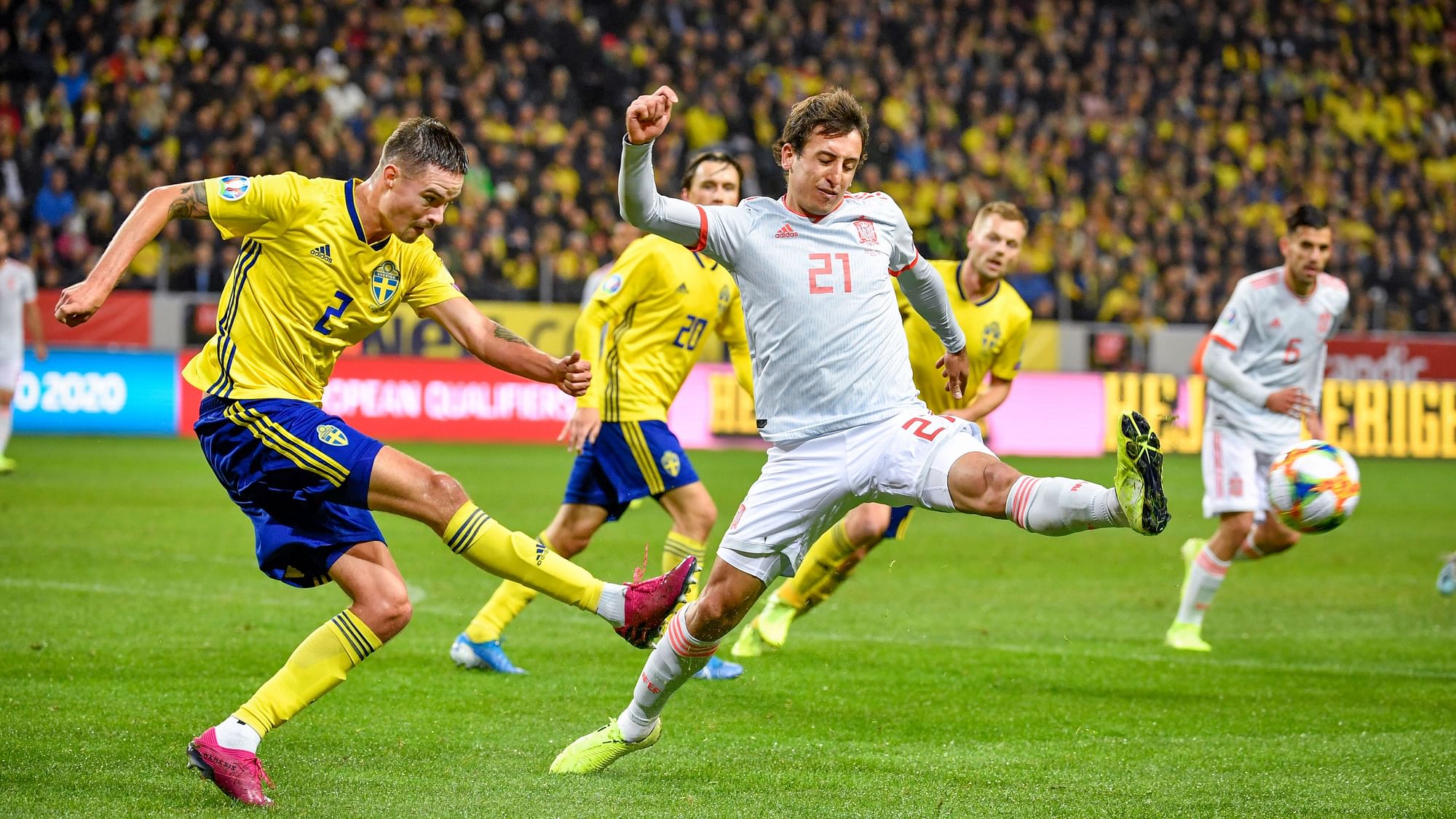 Sweden’s Mikael Lustig (L) and Spaibn’s Mikel Oyarzabal in action during the Euro 2020 Group F qualification soccer match between Sweden and Spain at Friends Arena in Solna, Stockholm, Sweden, on Oct. 15, 2019.&nbsp;