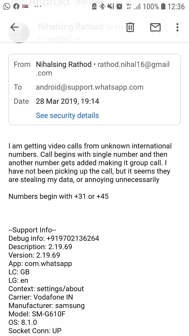 Rathod’s email to WhatsApp on 29 March, 2019