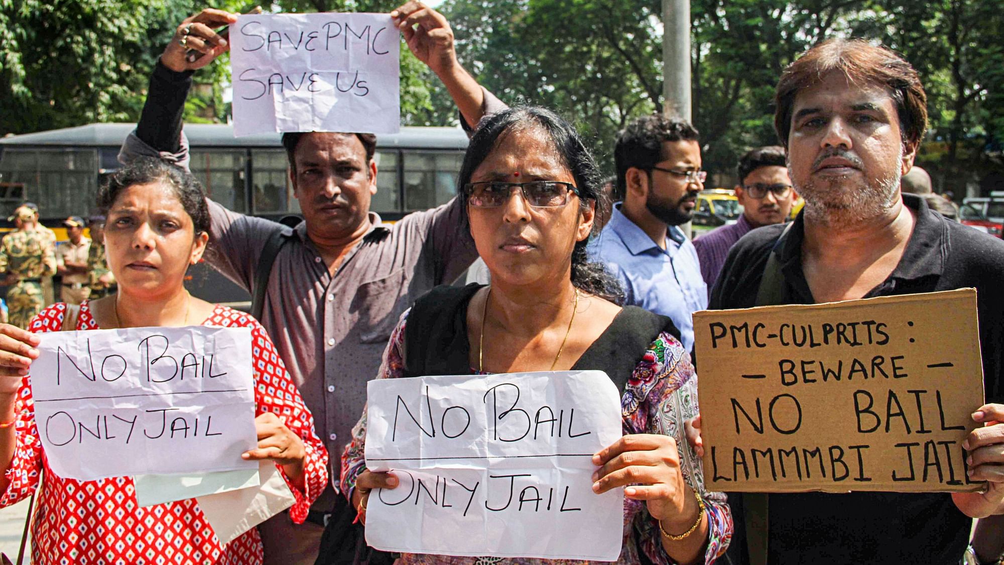 PMC bank depositors protest outside Killa Court, in Mumbai, Wednesday, 9 October.
