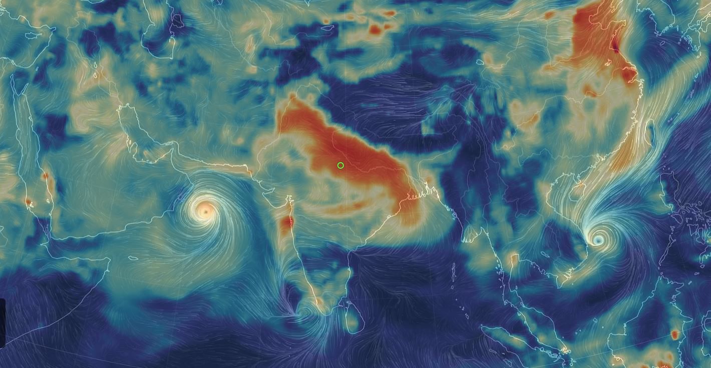 Global Weather Shows Pollution High in India: Image showing an alarming concentration of PM2.5 particles in India’s northern belt post Diwali.