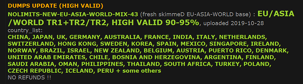 The above is an example of how an advert on Joker Stash looks like which has card dumps from multiple countries. 