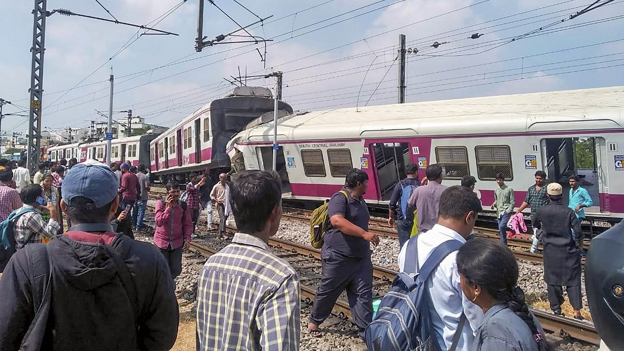 As many as 16 people were injured when two slow-moving trains collided at Kacheguda Railway Station in Hyderabad on Monday.