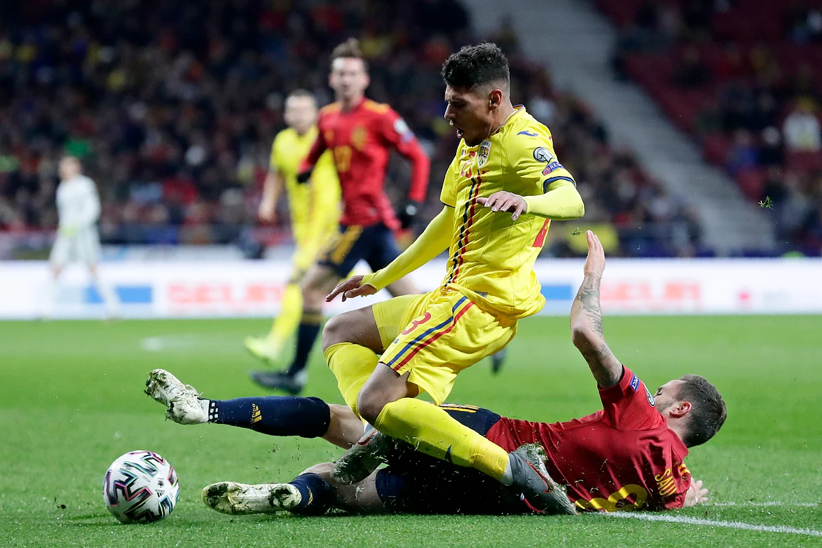 Spain’s Gerard Moreno, 2nd left, scores his side’s second goal during the Euro 2020 group F qualifying game between Spain and Romania at the Metropolitano stadium in Madrid.