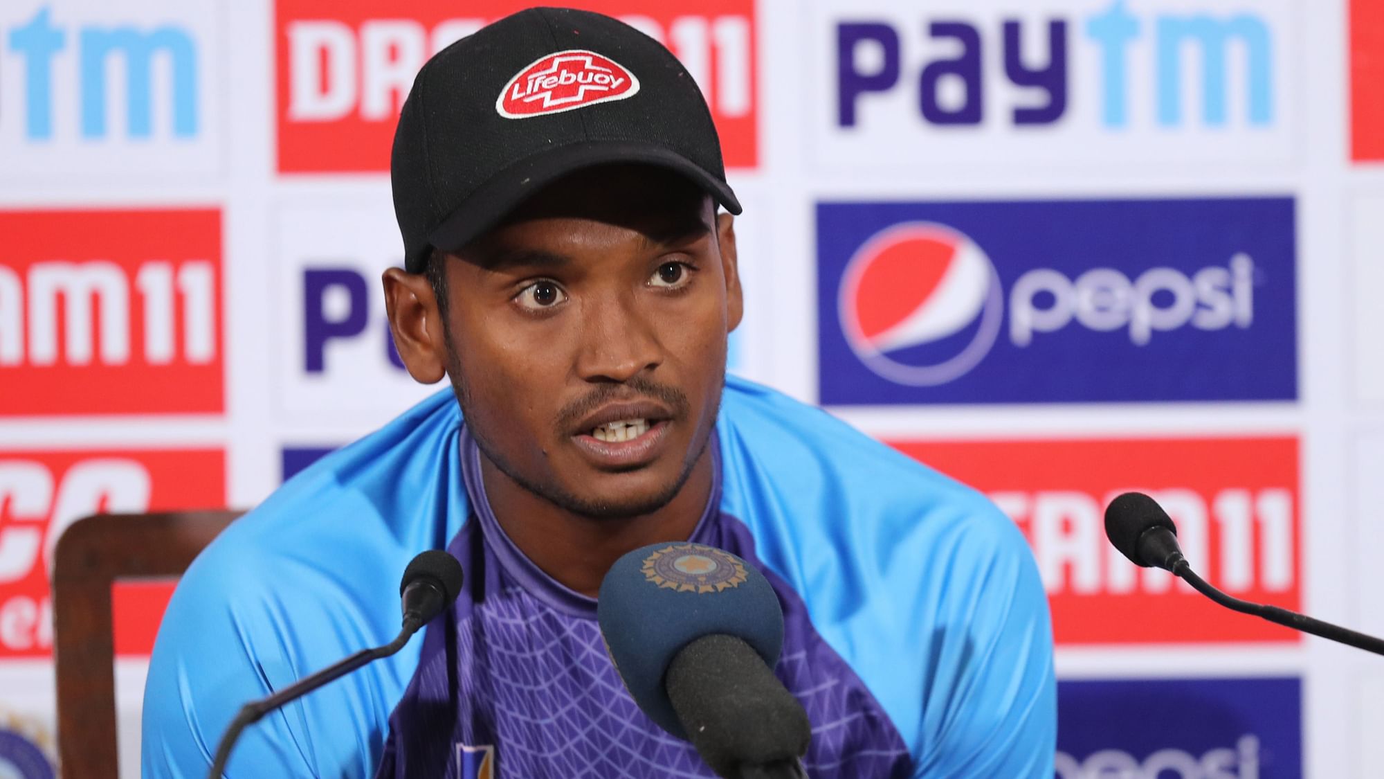 Al-Amin Hossain of Bangladesh addressing the media during day 2 of the 2nd Test match between India and Bangladesh held at the Eden Gardens Stadium, Kolkata on Saturday, 23 November.