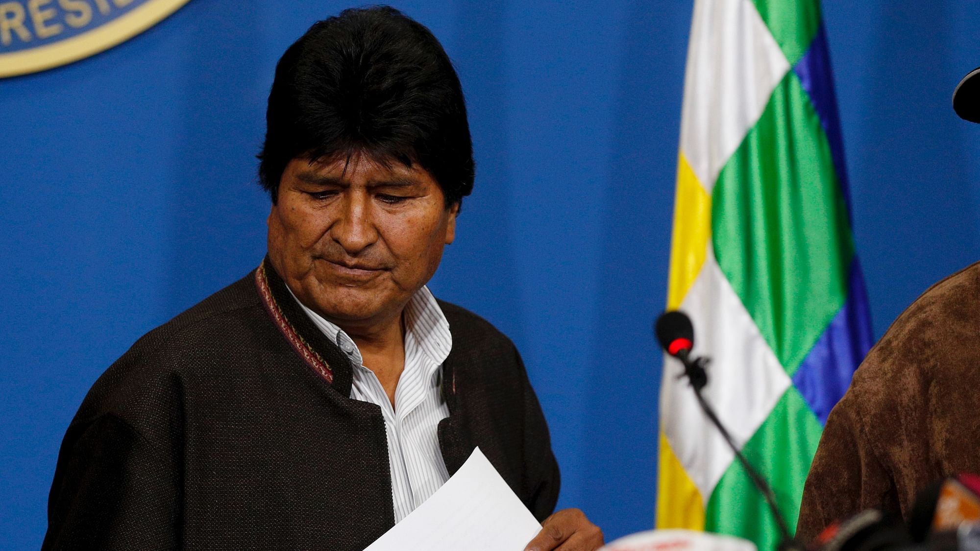 Bolivia’s President Evo Morales looks down during a press conference in La Paz, Bolivia ,Sunday 10 November.&nbsp;