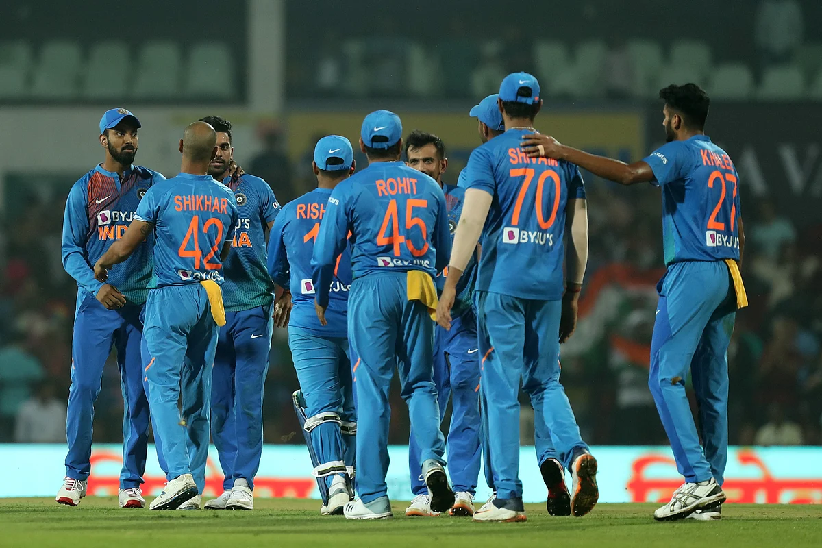 Team India celebrates the victory over Bangladesh in the Nagpur T20I.