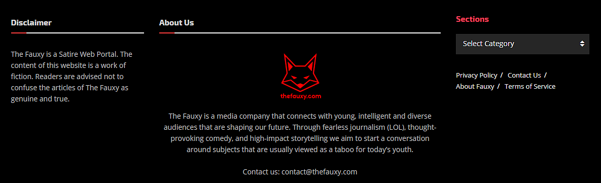 The disclaimer states that Fauxy is a satirical website.