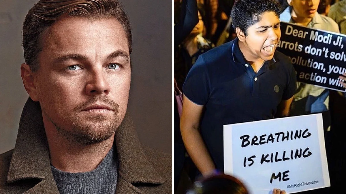 Leonardo DiCaprio (L); an image from a protest in Delhi (R)