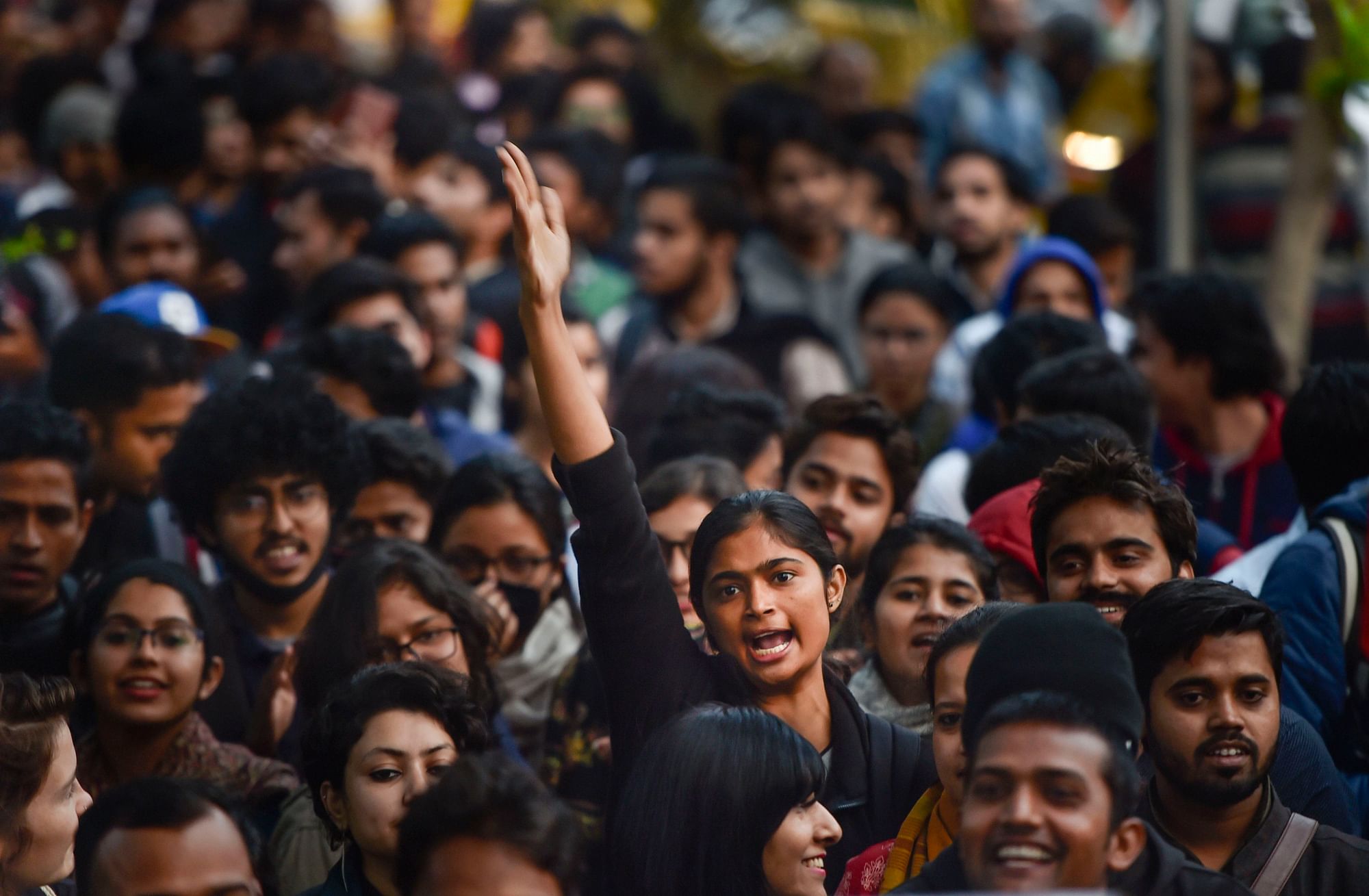 Students of JNU raise slogans during a protest to appeal to students and youth across India to join them for National Protest Day in defence of affordable and accessible education, on Wednesday.