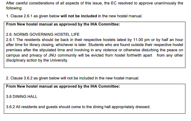 The revised rules for new hostel manual issued by JNU’s Executive Committee.