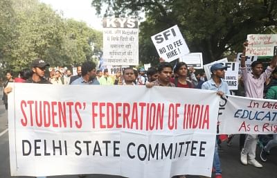 New Delhi: Students of Jawaharlal Nehru University (JNU) take out a protest march from Mandi House to Parliament opposing proposed fee hike in JNU, in New Delhi on Nov 23, 2019. Police personnel will restrain from using force against the students following directions from Commissioner of Police Amulya Patnaik. (Photo: IANS)