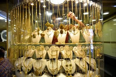 GAZA, July 8, 2019 (Xinhua) -- A merchant displays gold crafts at a gold market in Gaza City, July 8, 2019. The Ministry of National Economy in Gaza said that the quantities of gold decreased during the month of June. (Str/Xinhua/IANS)