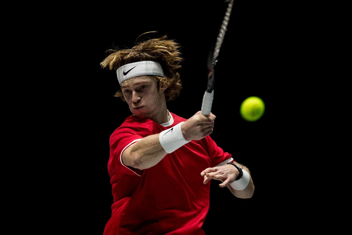 Russia’s Andrey Rublev returns the ball to Croatia’s Borna Gojo during their Davis Cup tennis match in Madrid, Spain.
