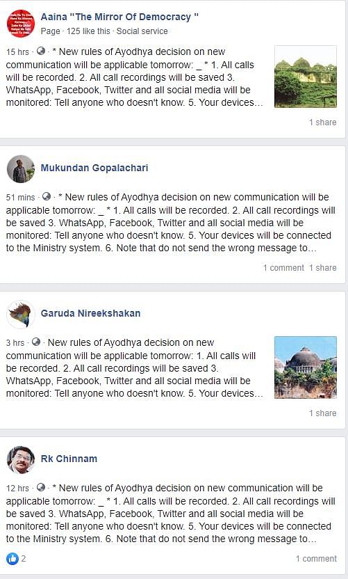 A viral message on social media claims that calls and messages in Ayodhya will be monitored ahead of the verdict. 
