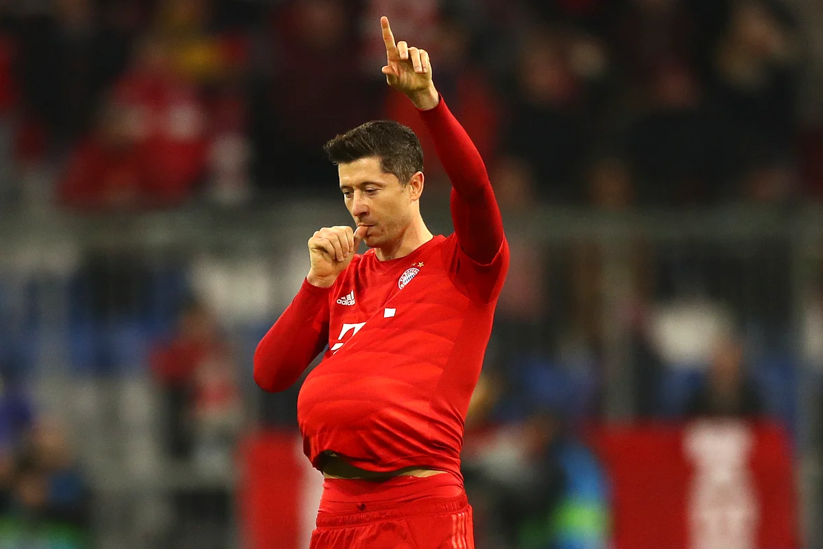 Bayern’s Robert Lewandowski celebrates after scoring the opening goal of his team during the Champions League group B game between Bayern Munich and Olympiakos in Munich, Germany.