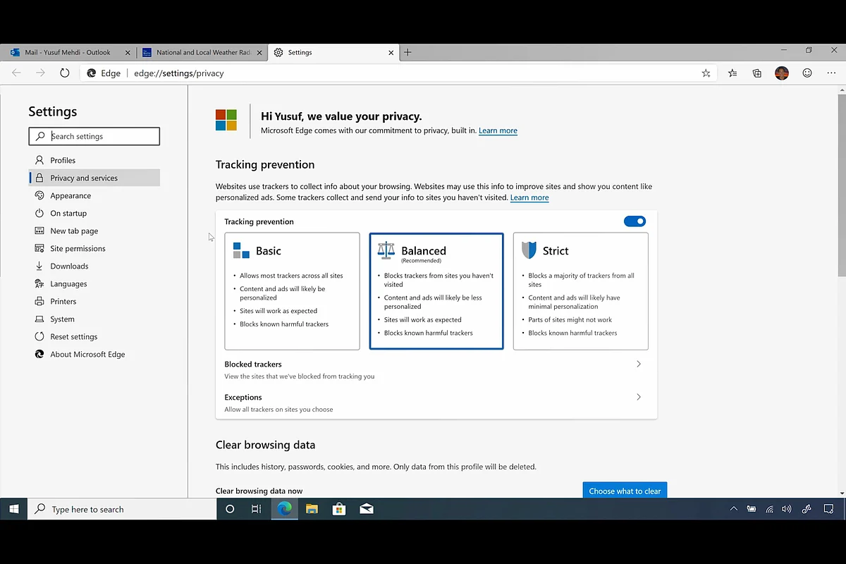 The tracking prevention tool on the new Edge browser.