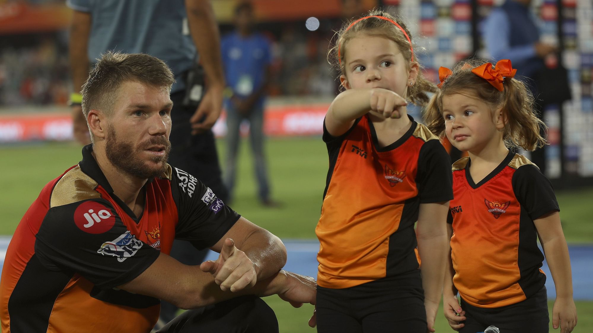 David Warner with his daughters after an IPL 2019 fixture in Hyderabad.