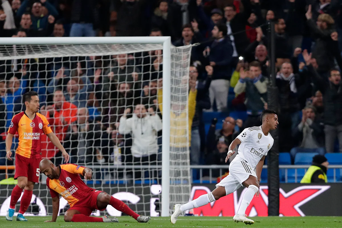 Real Madrid’s Rodrygo reacts after scoring the opening goal during a Champions League group A game between Real Madrid and Galatasaray at the Santiago Bernabeu stadium in Madrid.