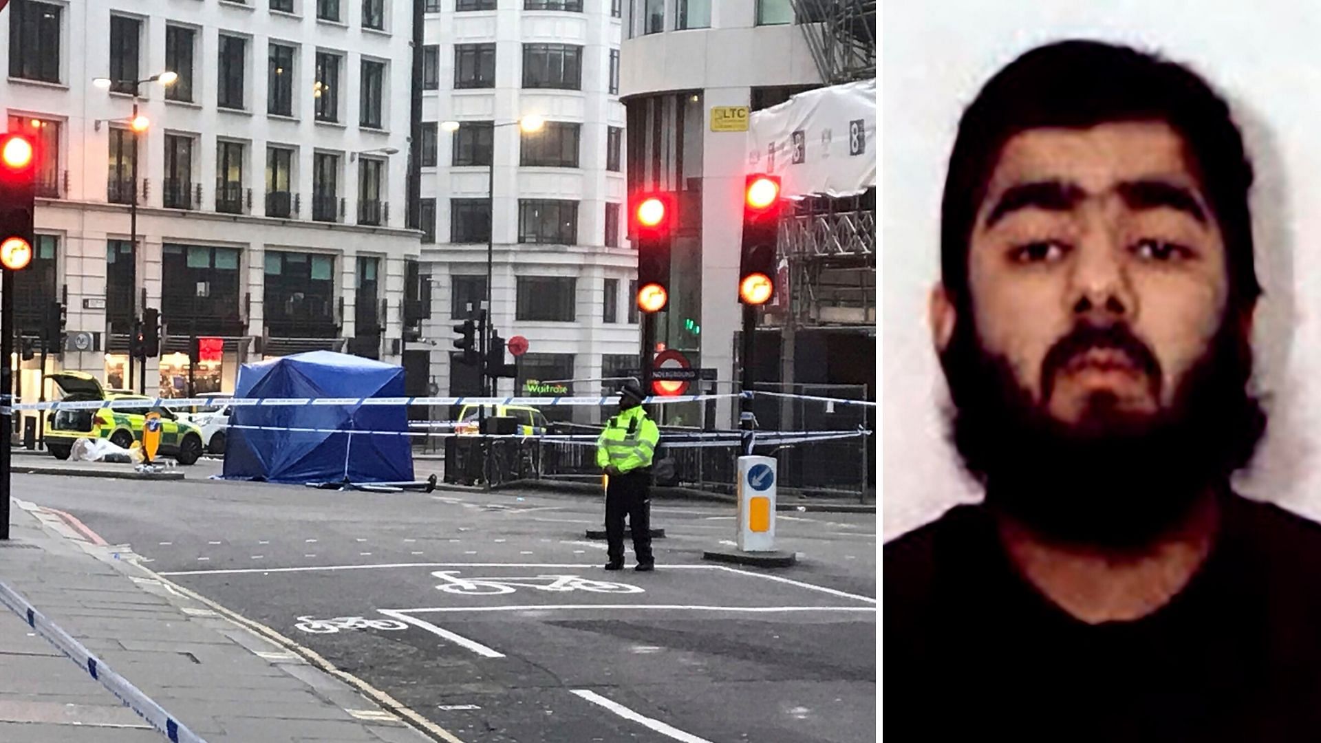 (Left) The area on London bridge where the attack occurred. (Right) A mugshot of Usman Khan.
