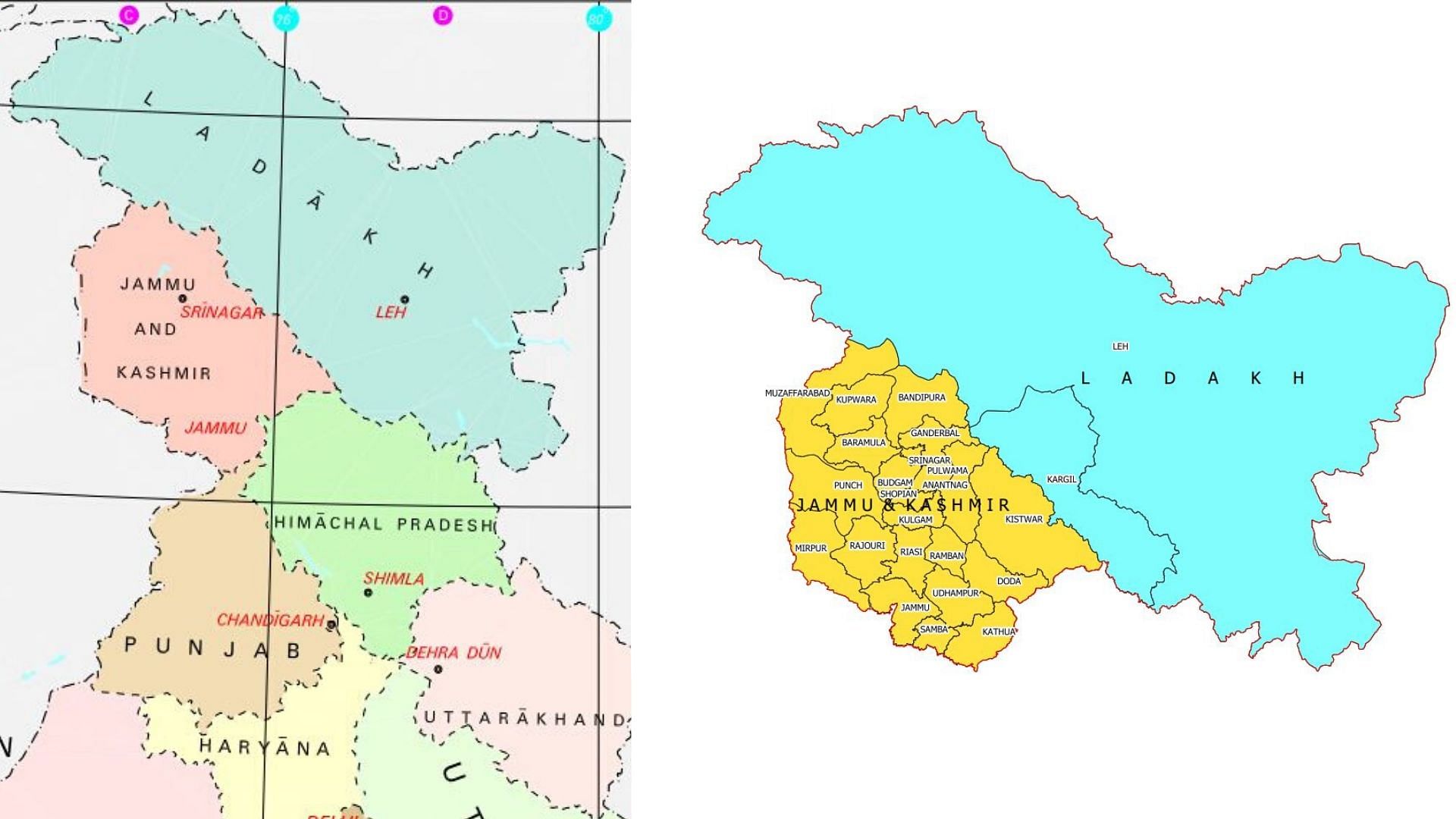 The newly-carved boundaries of UTs of Ladakh and Jammu and Kashmir.
