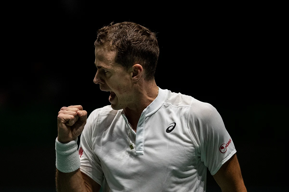 Canada’s Vasek Pospisil celebrates a point during the Davis Cup tennis match against Italy’s Fabio Fognini in Madrid, Spain.