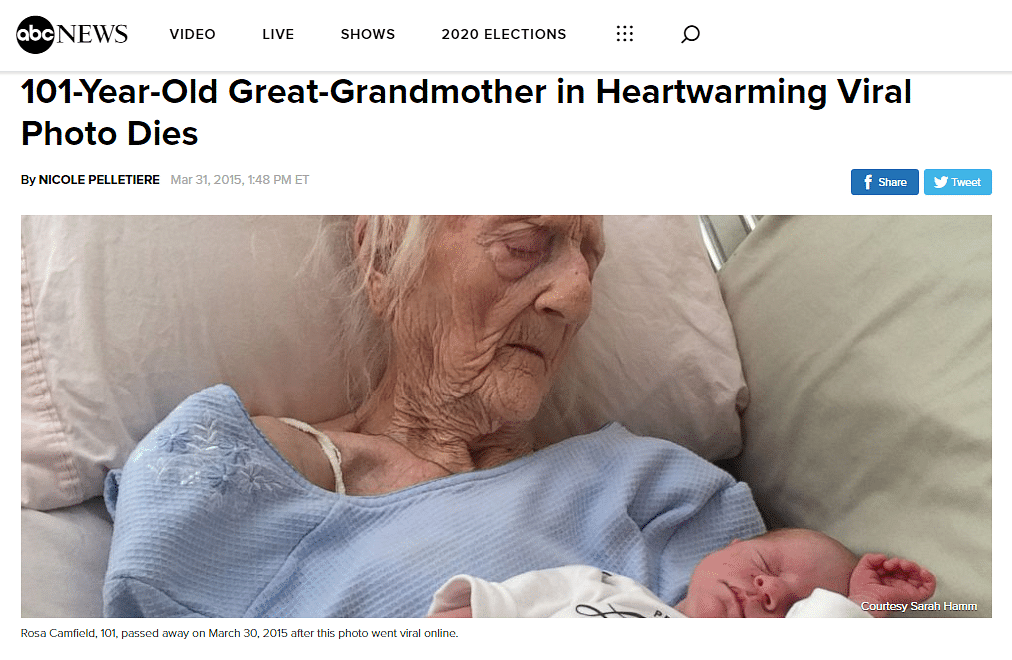 An ABC News article published in 2015 mentions that the 101-year-old woman is holding her great-granddaughter.
