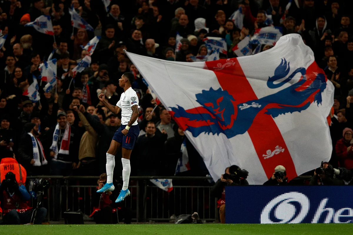 England’s Marcus Rashford celebrates after scoring his side’s fourth goal during the Euro 2020 group A qualifying football match between England and Montenegro at Wembley stadium in London.