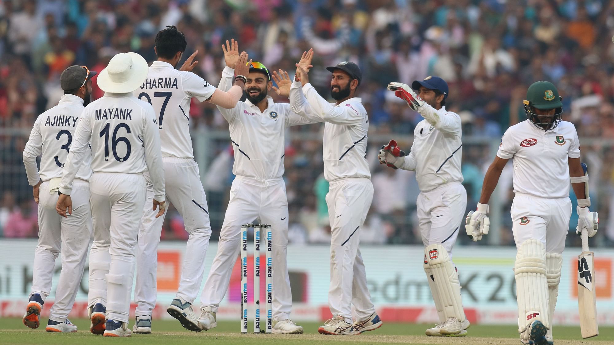 India reached 174/3 at stumps on Day 1 of the first pink ball Test in the country in Kolkata on Friday.