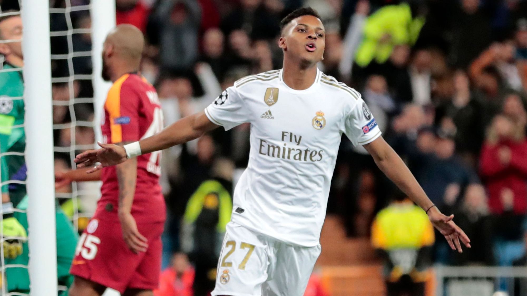 Rodrygo celebrates after scoring against Galatasaray in the Champion League.