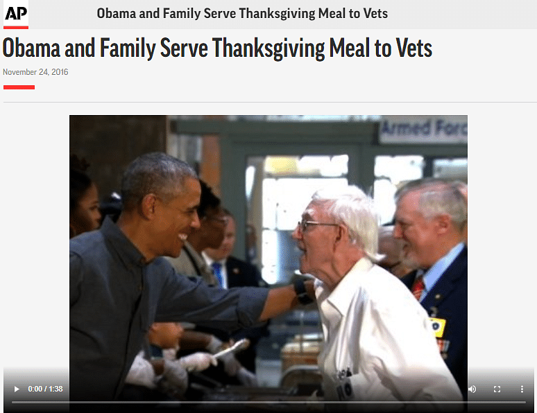 The video shows the Obamas serving thanksgiving meals to residents of Armed Forces Retirement Home in Washington.