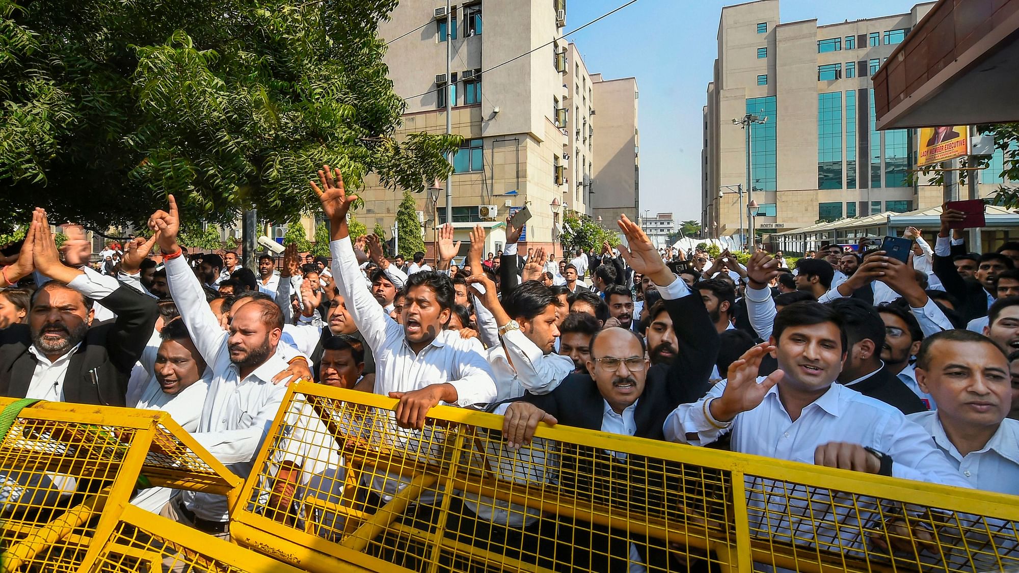 Lawyers staged a protest against the police over the recent Tis Hazari Court clashes, at Saket Court Complex in New Delhi, on Wednesday, 6 November.