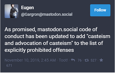 Open-source microblogging platform Mastodon has added a policy against casteism to its rules and regulations.
